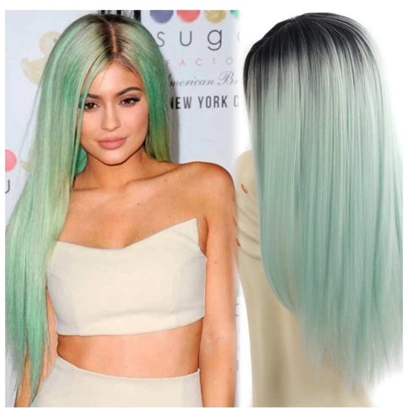 Mint Green Black Roots Long Straight Wig